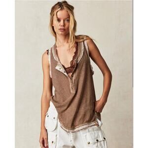 We The Free Love Language Linen Blend Henley Tank NWT
